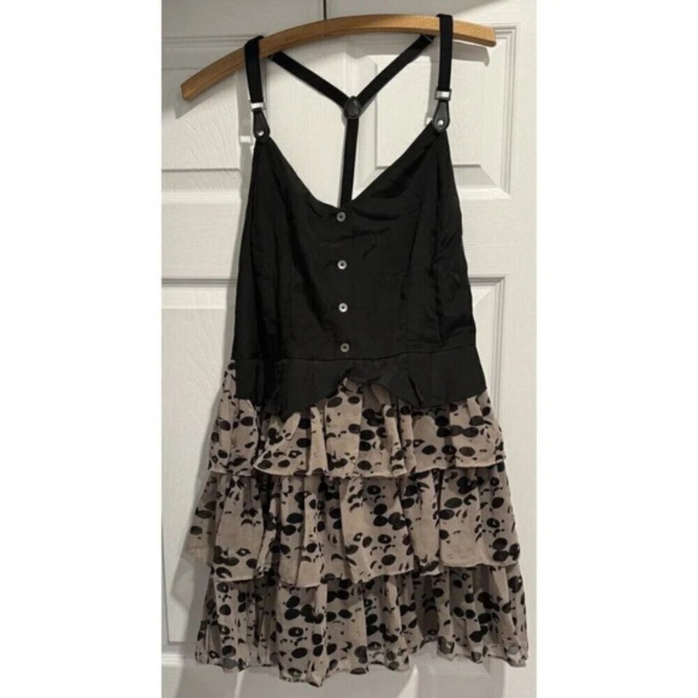 Hommage  Los Angeles Black Tan Polka Dot Dress Ruffles Adjustable tiered…